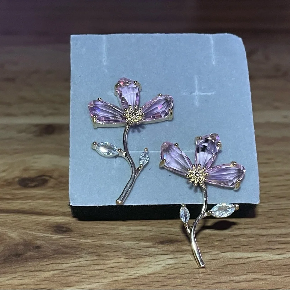 Pink Flower Stem Women Earrings  14K Gold Plated
